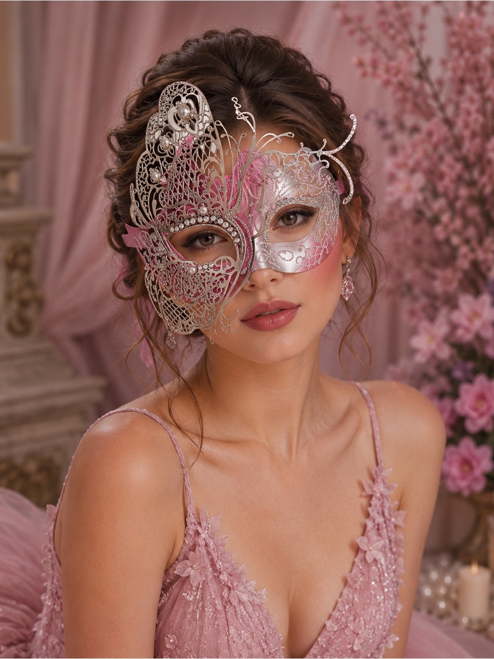 Pink Silver Venetian Masquerade Mask Butterfly Filigree Rhinestone Pearl